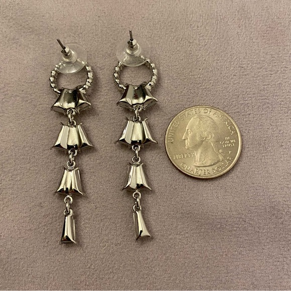 Vintage Rhinestone Dangle Drop Earrings Baguette Crystal Silver Tone Pierced - Picture 12 of 14